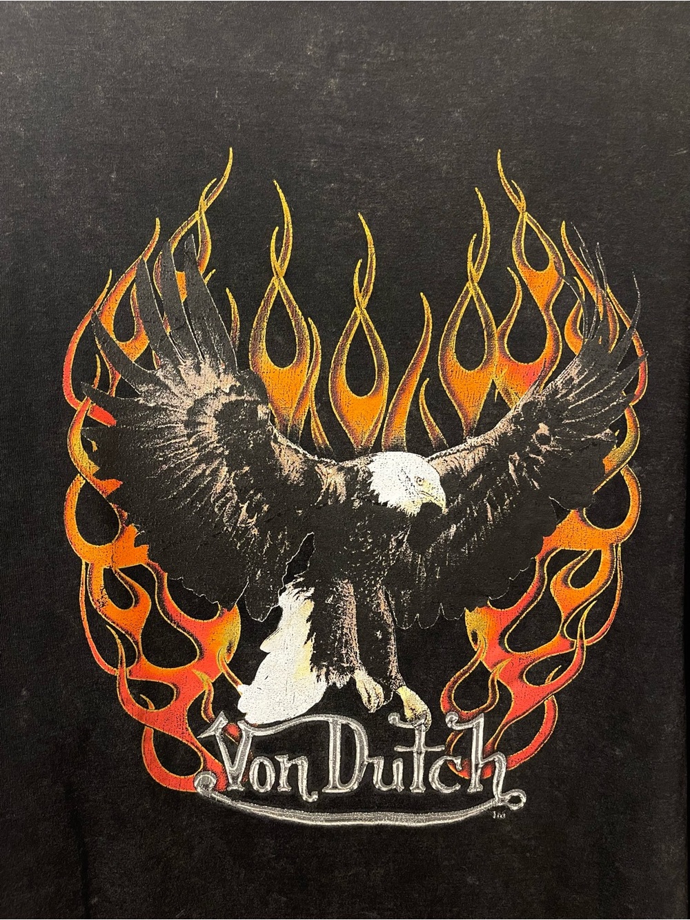 Von Dutch Black Tee with Orange and Yellow Flame Eagle Graphic
